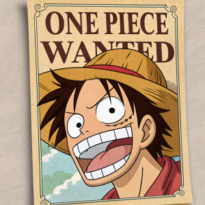 WANTED POSTER: Cartoon-style close-up of a character from One Piece. Broad smile with prominent white teeth. Expressive face. Beige background with bold text. Manga-style art.