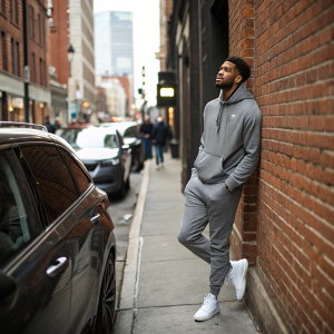 Olivier Sarr, athlete, candidly posing near a parked car in a bustling urban alley. Brick walls, gray hoodie, white sneakers