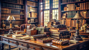 On the desktop in an expensive office, ancient books, boxes of films and ancient scrolls are piled up