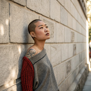A young Asian woman with a shaved head, standing in front of a stone wall. She has a neutral expression and is wearing a gray sweater over one shoulder. Her left arm, tattooed, is visible. Beside her, a textured red blouse. Natural light.