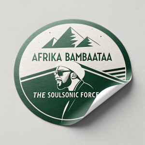 Modernized logo design for Afrika Bambaataa and The Soulsonic Force. Green and white color palette. Paper-like texture effect. Close-up view
