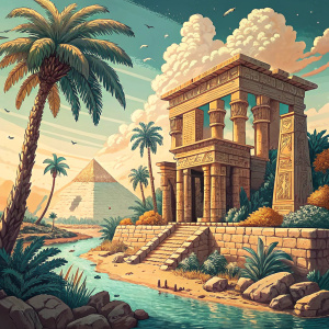 Fantasy landscape, pixel art style. Ancient Egyptian theme. Warm color palette. Temple structure, palm trees, and water body