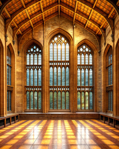 hogwarts grand lobby wood hight wall hight 4 window gothic glass- high-definition - brown and black wood wall- old wood grey -nature stone old floor background 