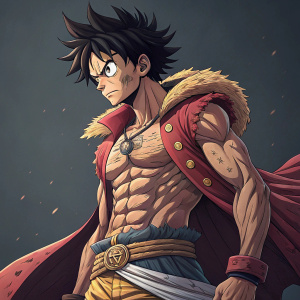 Digital illustration of Monkey D. Luffy, a muscular anime character with wild spiky black hair and a resolute expression, set against a dark, neutral background.