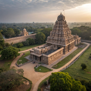 Aerial view of the Airavatesvara Temple in Darasuram, Tamil Nadu. The temple stands as a majestic stone structure with multiple tiers and detailed carvings. Surrounded by lush greenery and a winding dirt path leading to its entrance.