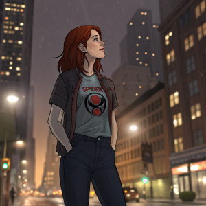 Illustration of Mary Jane Watson. Red hair, wearing a t-shirt with Spider-Man logo. Urban cityscape background.