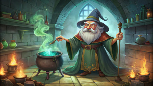 background evil wizard brews a potion cartoon style