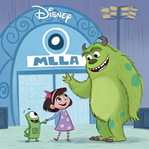 Illustration of Mike Wazowski and James P. Sullivan from Monsters, Inc. A little girl stands in front. Colorful scene with the Disney logo