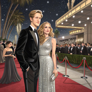 Gabriel Mann and Margarita Levieva at a glamorous evening gala. Gabriel in a sleek black suit, Margarita in a stunning silver sequined gown. Crowd of guests in the background.