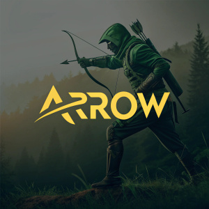 Stylized 'Arrow' logo design. Dark green and yellow color scheme. Modern font and sleek arrow iconography.