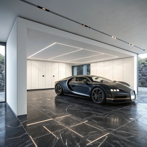 A Bugatti Chiron parked in a modern garage with minimalistic design. Dark marble floor and clean white walls.