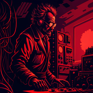 Digital artwork of Rick Sanchez from Rick and Morty. He is shown in a futuristic laboratory with numerous gadgets and high-tech equipment surrounding him. His attire is a mix of cybernetic enhancements and vintage elements.