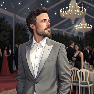 Casey Affleck, with a stubble beard, stands elegantly at a charity gala. Wearing a gray suit and crisp white shirt.