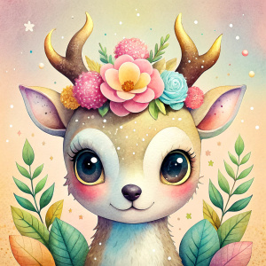 a cute little deer with a horn like a unicorn and flower decoration 