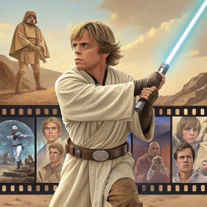 Mark Hamill as Luke Skywalker. Various iconic poses from the Star Wars saga. Classic film stills, arranged in a grid format.