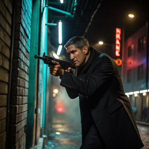 Jim Caviezel in intense action pose, dark suit, holding a gun. Dark alley background with neon lights.