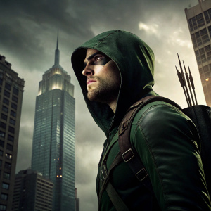 Stephen Amell as Oliver Queen from Arrow. Wearing dark green hooded outfit. Serious face. Standing in front of towering skyscrapers and a moody, stormy sky backdrop. High contrast lighting