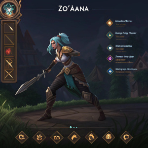 In-game screenshot of Zo'aana from League of Legends. Dark background with detailed descriptions of abilities and their usage.