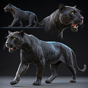 Digital 3D renderings of a sleek black panther. Multiple dynamic poses, detailed fur texture. Dark background