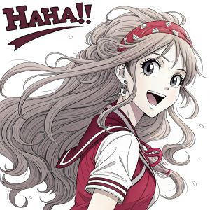 Illustration of a female anime character with long, wavy hair. She is in a vibrant pose with a determined look, set against a plain white background. Text above reads 'HAHA!!'. Black and white linework