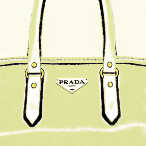 High-definition close-up of a black Prada tote. Sleek leather texture. Gold Prada logo and hardware. White background