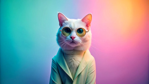  stylish white cat in trendy sunglasses and outfit looking at camera against two colored light pastel background