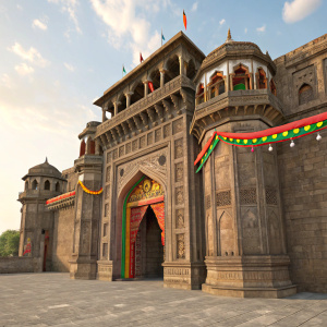 Digital 3D rendering of Shaniwar Wada, featuring a grand entrance with intricate carvings and vibrant colors, showcasing the historical fort's majestic architecture.
