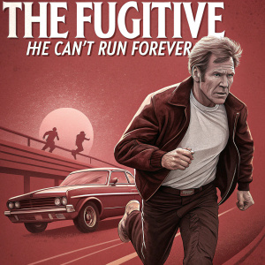 Movie poster for 'The Fugitive', featuring Harrison Ford and Tommy Lee Jones. Predominantly red