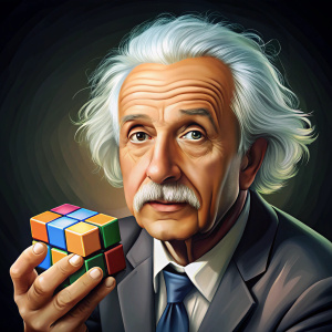 dibujo animado Alberto Einstein agarrando un cubo rubik 4 partes