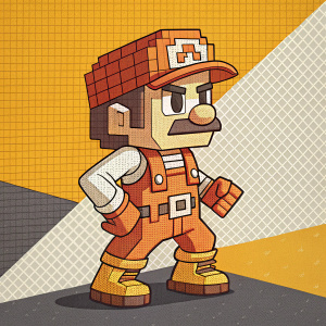Pixel art character design. Blocky art style with a mix of orange, brown, and beige colors. Yellow and gray background featuring a grid pattern. Character in an assertive pose, flat illustration.