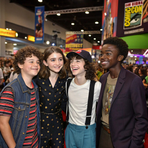Gaten Matarazzo, Natalia Dyer, Finn Wolfhard, and Caleb McLaughlin at a bustling comic-con event.