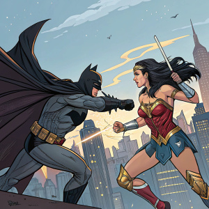 Batman and Wonder Woman engage in epic battle. Vibrant comic book panel. Dynamic action scene with cityscape in background