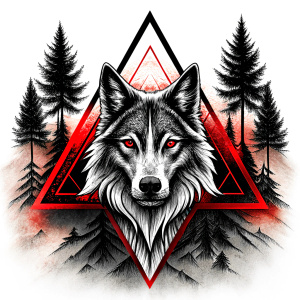 valknut runes pattern geometric symbols - wolf and trees - tattoo design - perfect realistic art - high-definition - grey and black - white background 