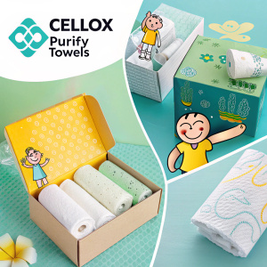 Promotional ad for Cellox Purify Towels in vibrant collage style. Various stages of packaging and cartoon character are featured prominently. Bright, modern design with pastel hues.