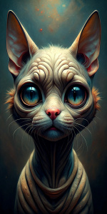 Create a sad cat, with wide eyes, looking at me.