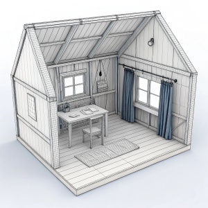 3D digital blueprint of Anne Frank's attic hideout. Simple shapes and lines represent the space. Box structure, table, fabric-like texture, window, and partially drawn curtain visible.
