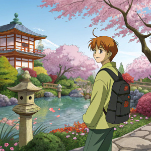 A vibrant illustration of Hikaru from Hikaru no Go. Anime-style, colorful background of a traditional Japanese garden.