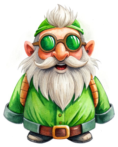 dwarf, white background, green accessories, with sunglasses and laughing