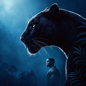 Promotional poster for Marvel's Black Panther. Dark blue background with the silhouette of Black Panther's head in the foreground.