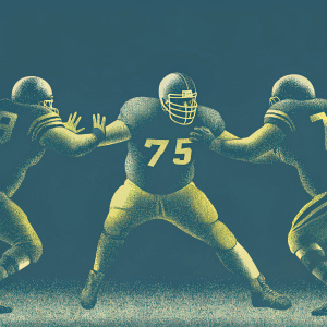 Jonathan Ogden, caucasian football player, in the midst of a gridiron clash. Wearing a dark blue jersey with the number 75. Surrounded by opposing New York Jets players.
