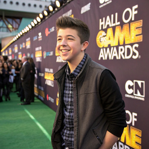 Bradley Steven Perry, a cheerful young man with short styled hair, in casual attire. At the awards ceremony with a backdrop of Cartoon Network's Hall of Game Awards logo. Event venue: Barker Hangar, Santa Monica, California.