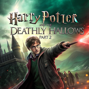 Official poster for 'Harry Potter and the Deathly Hallows: Part 2'. Dramatic scene of Harry Potter casting a spell. Fiery, castle-like background. Colorful theme with green, brown, and fiery glow