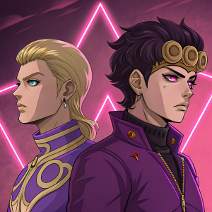 Digital artwork featuring Giorno Giovanna and Bruno Buccellati. Giorno with blonde hair, wearing a purple outfit, looking determined. Bruno has dark hair, with distinctive makeup, intense gaze. Background is neon pink