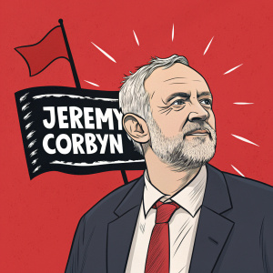 Cartoon illustration of Jeremy Corbyn, former UK Labour Party leader. Vibrant red background with political slogans in bold black and white text.