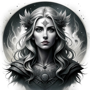 Saga, The Seer - Nordic Goddess of Sagas & Myths perfect realistic art, high-definition grey and black, white background tattoo design