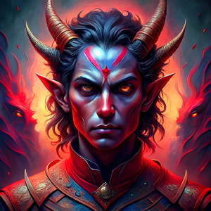 dungeons and dragons male Tiefling with red skin and red iris' in the style of dan mumford