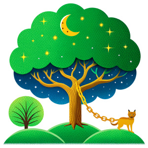 sampler, near the Lukomorye there is a green oak tree, a golden chain on that oak tree, day and night the scientist cat keeps walking around the chain