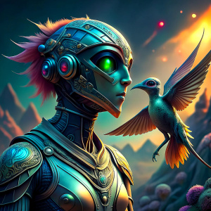 "Create an image of a humanoid robotic bird with a human-like beak, featuring large wings and a straight-facing posture, engaged in conversation with a small, single-winged robotic hummingbird. Capture the scene from a wide-angle perspective."