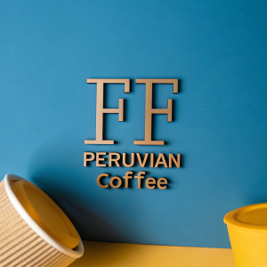 Stylized 'FF' logo in sleek font, with 'Peruvian Coffee' below, against dark teal backdrop.