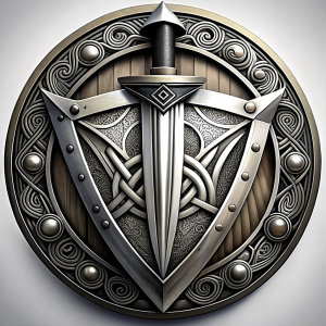 nordic sword and shield geometric symbols -  tattoo design - perfect realistic art - high-definition - grey and black - white background 